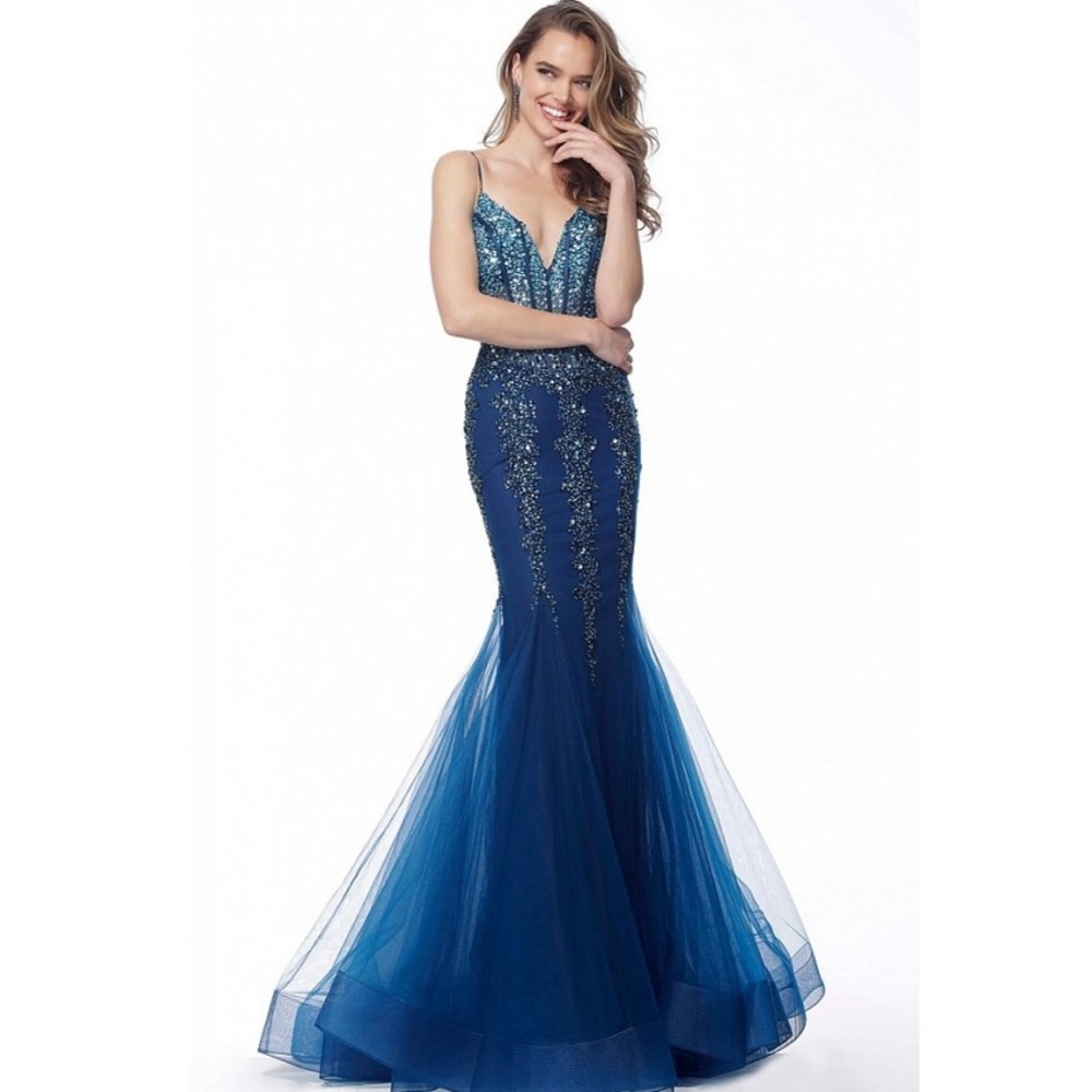 JOVANI 67034 BLUE RHINESTONE TULLE MERMAID GOWN
